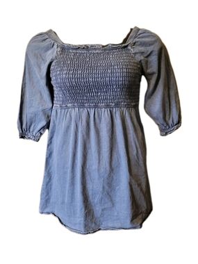 Evsie Shirt Large Baby Doll Smocked Square-Neck Top Blue Chambray Y2k